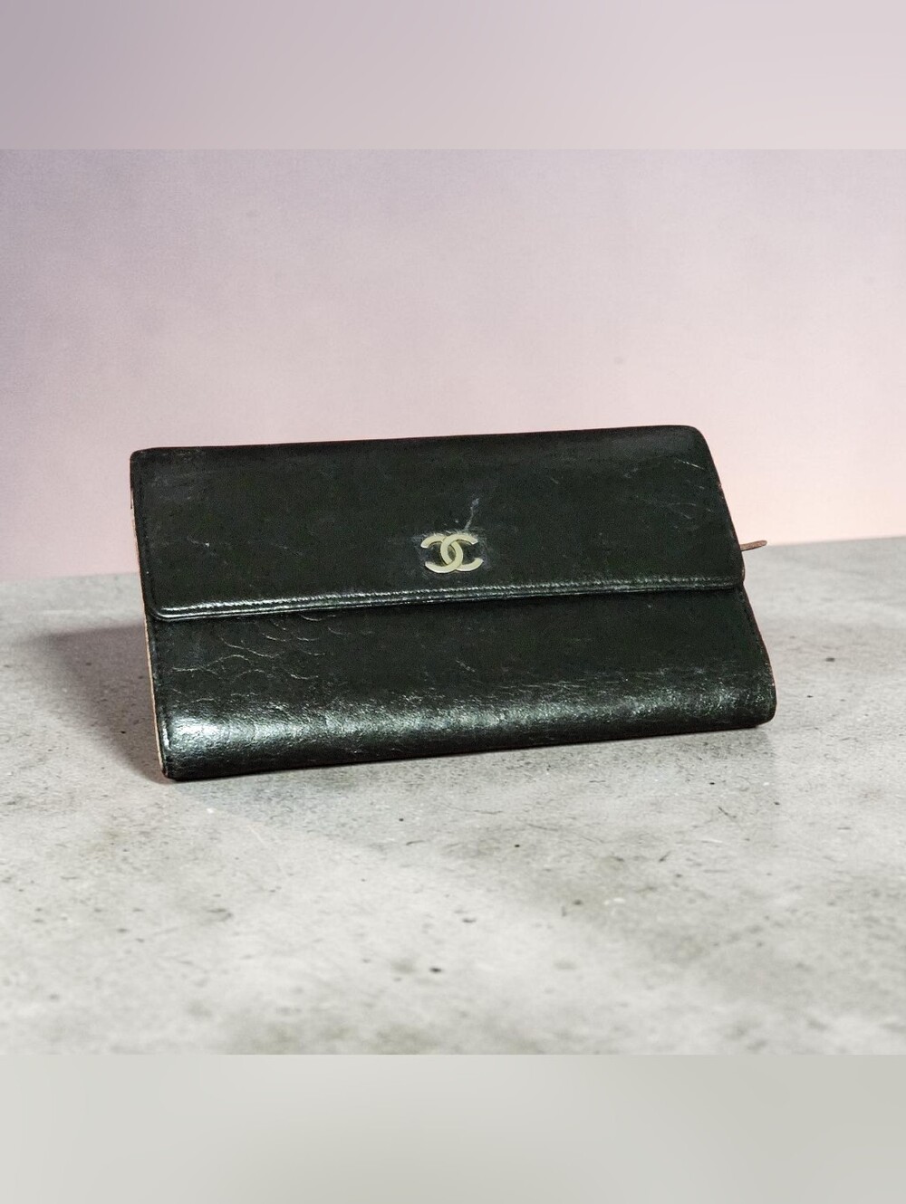Chanel Lambskin Camellia Embossed  Long Flap Wallet - Black (GUC)